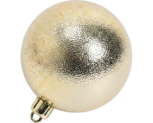 Strukturierte goldfarbene Christbaumkugel mit Aufhängung.