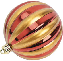 Gestreifte Weihnachtskugel aus Kunststoff in Rot und Gold mit Aufhänger.