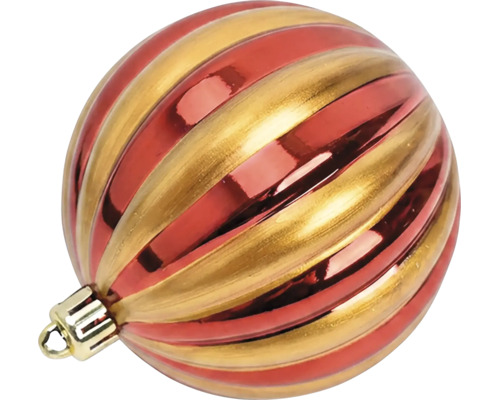Gestreifte Weihnachtskugel aus Kunststoff in Rot und Gold mit Aufhänger.