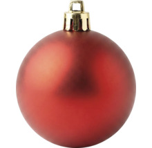 Matte rote Christbaumkugel mit goldener Kappe und Öse.