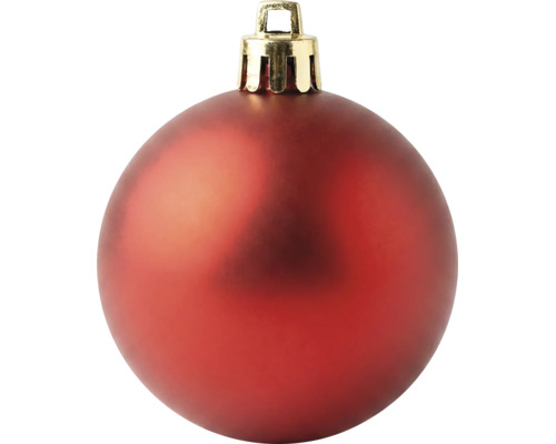 Matte rote Christbaumkugel mit goldener Kappe und Öse.