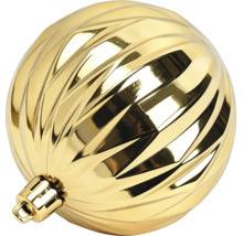 Goldene Christbaumkugel mit glänzender Oberfläche und Reliefmuster.