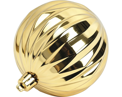 Goldene Christbaumkugel mit glänzender Oberfläche und Reliefmuster.