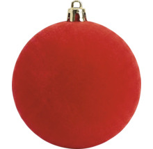 Rote Christbaumkugel mit samtiger Oberfläche und goldfarbenem Aufhänger.