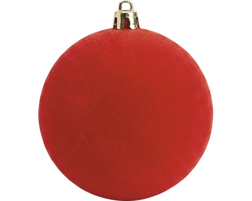 Rote Christbaumkugel mit samtiger Oberfläche und goldfarbenem Aufhänger.