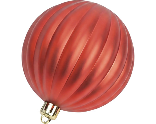 Gerippte rote Christbaumkugel aus Kunststoff mit Aufhängung.