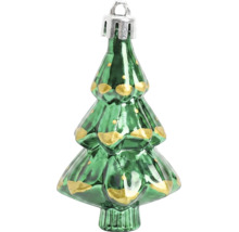 Grüner Christbaumschmuck in Form eines Tannenbaums aus Glas mit goldenen Akzenten und Aufhängeöse.