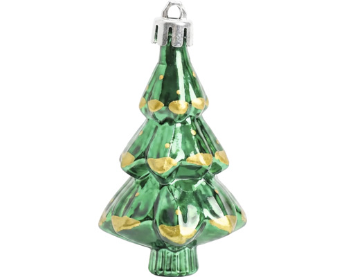 Grüner Christbaumschmuck in Form eines Tannenbaums aus Glas mit goldenen Akzenten und Aufhängeöse.