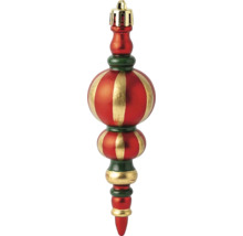 Weihnachtsbaumschmuck in Zapfenform mit roten, grünen und goldenen Details und Streifenmuster.
