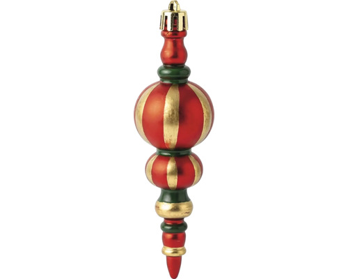 Weihnachtsbaumschmuck in Zapfenform mit roten, grünen und goldenen Details und Streifenmuster.