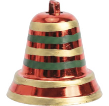 Weihnachtsglocke mit Querstreifen in Rot, Gold und Grün.