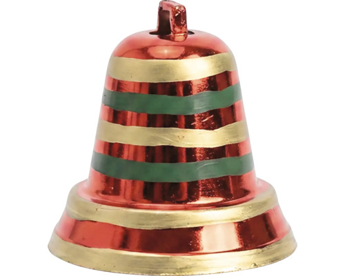 Weihnachtsglocke mit Querstreifen in Rot, Gold und Grün.