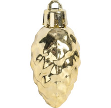 Weihnachtsbaumanhänger in Zapfenform aus glänzendem goldfarbenem Kunststoff mit Öse zum Aufhängen.