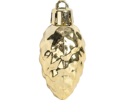 Weihnachtsbaumanhänger in Zapfenform aus glänzendem goldfarbenem Kunststoff mit Öse zum Aufhängen.