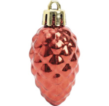 Weihnachtsbaumschmuck in Form eines glänzenden roten Tannenzapfens mit goldener Aufhängung.
