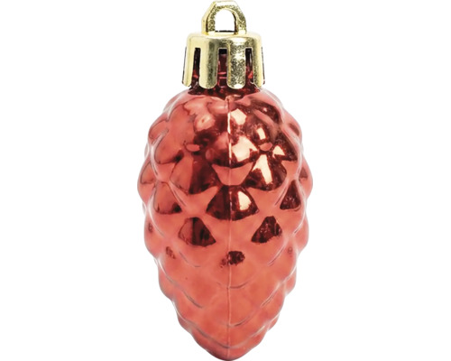 Weihnachtsbaumschmuck in Form eines glänzenden roten Tannenzapfens mit goldener Aufhängung.