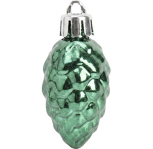 Grüner Christbaumschmuck in Form eines Tannenzapfens aus glänzendem Glas mit silberner Aufhängung.