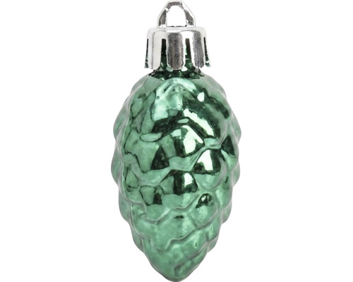 Grüner Christbaumschmuck in Form eines Tannenzapfens aus glänzendem Glas mit silberner Aufhängung.