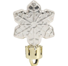 Weihnachtsbeleuchtung Zubehör, dekorativer Aufsatz in Form einer Schneeflocke für Lichterketten mit goldfarbenem Sockel.