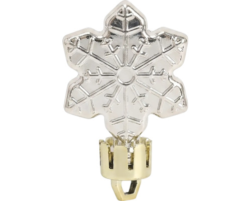 Weihnachtsbeleuchtung Zubehör, dekorativer Aufsatz in Form einer Schneeflocke für Lichterketten mit goldfarbenem Sockel.