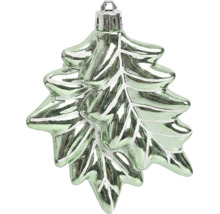 Grüner Weihnachtsbaumanhänger aus Glas in Blattform mit weißen Blattadern und Metallaufhängung.