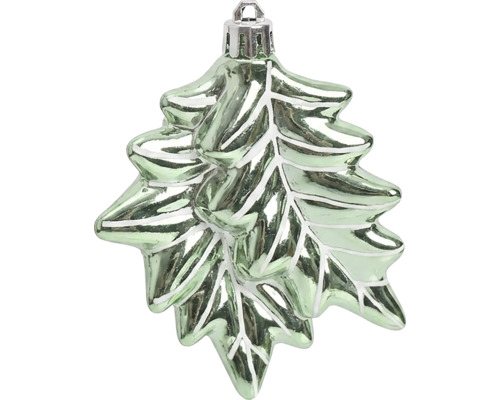 Grüner Weihnachtsbaumanhänger aus Glas in Blattform mit weißen Blattadern und Metallaufhängung.