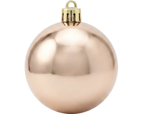 Glänzende Christbaumkugel in Champagner mit goldfarbenem Aufhänger.