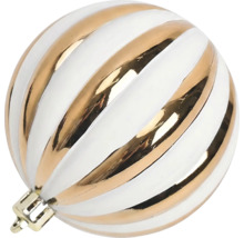 Gestreifte Christbaumkugel in Gold und Weiß.