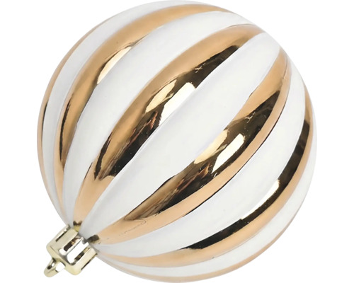Gestreifte Christbaumkugel in Gold und Weiß.