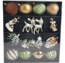 Weihnachtsschmuck-Set in einer Box mit Anhängern in Form von Kugeln, Rehen, einem Fuchs, einer Eule, Schneeflocken und Blättern.
