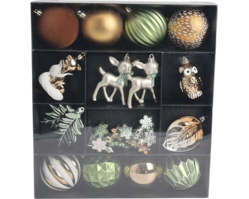 Weihnachtsschmuck-Set in einer Box mit Anhängern in Form von Kugeln, Rehen, einem Fuchs, einer Eule, Schneeflocken und Blättern.