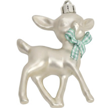 Weihnachtsanhänger in Form eines Rehs mit einer karierten Schleife um den Hals.
