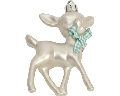 Weihnachtsanhänger in Form eines Rehs mit einer karierten Schleife um den Hals.