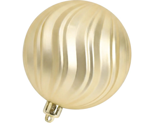 Goldene Christbaumkugel mit vertikaler Wellenstruktur und Aufhängöse.