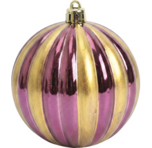 Gestreifte Weihnachtskugel in Gold und Lila mit vertikalen Rillen, glänzend.