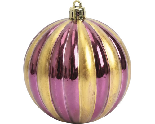 Gestreifte Weihnachtskugel in Gold und Lila mit vertikalen Rillen, glänzend.