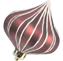 Zwiebelförmiger dunkelroter Christbaumschmuck mit vertikalen weißen Streifen.