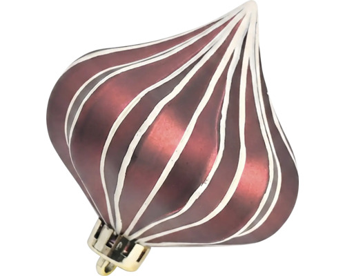 Zwiebelförmiger dunkelroter Christbaumschmuck mit vertikalen weißen Streifen.