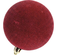 Rote Christbaumkugel mit Samtoberfläche und goldener Aufhängung.