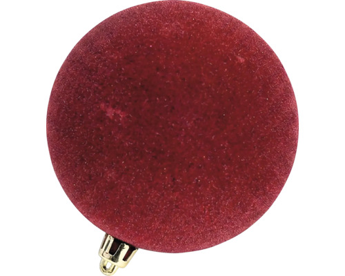 Rote Christbaumkugel mit Samtoberfläche und goldener Aufhängung.