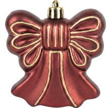 Roter Christbaumschmuck in Form einer Schleife mit goldenen Konturen.