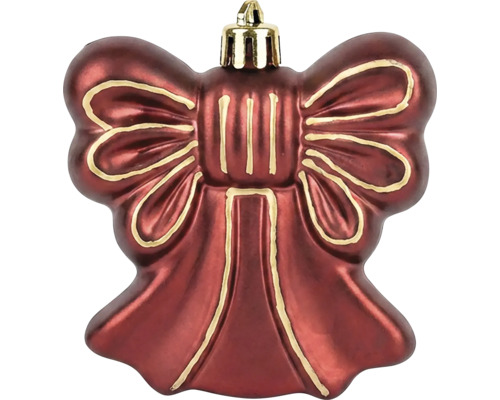 Roter Christbaumschmuck in Form einer Schleife mit goldenen Konturen.