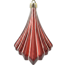 Christbaumschmuck in Kegelform mit rot-weißen Streifen, geriffelter Struktur und goldener Aufhängung.