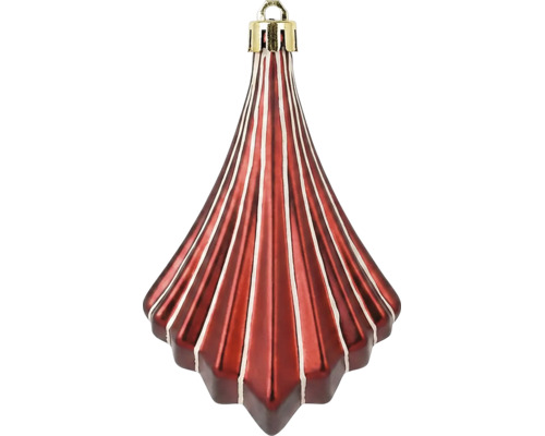 Christbaumschmuck in Kegelform mit rot-weißen Streifen, geriffelter Struktur und goldener Aufhängung.
