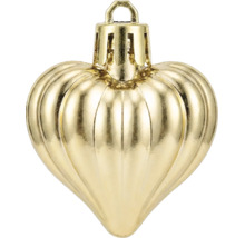Christbaumschmuck in Herzform, goldfarben mit vertikaler Riffelung und Aufhänger.