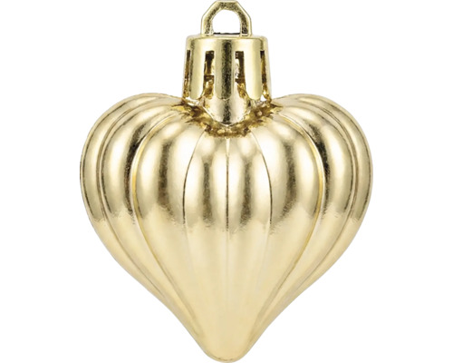 Christbaumschmuck in Herzform, goldfarben mit vertikaler Riffelung und Aufhänger.
