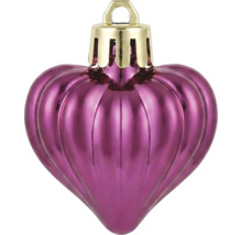 Herzförmiger Weihnachtsanhänger in Pink mit geriffelter Oberfläche und goldfarbener Aufhängung.