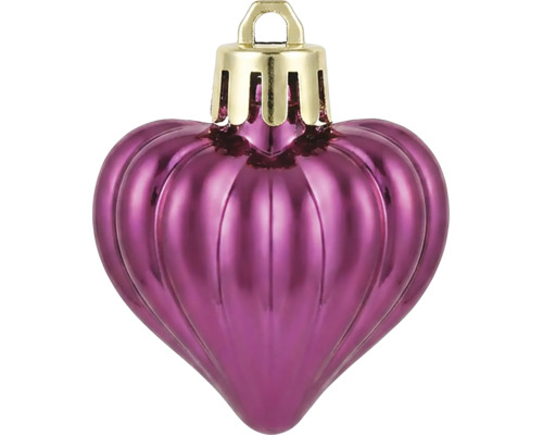 Herzförmiger Weihnachtsanhänger in Pink mit geriffelter Oberfläche und goldfarbener Aufhängung.