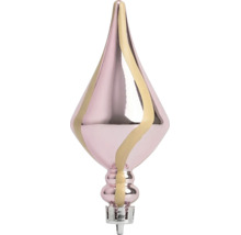 Rosa Christbaumschmuck aus Glas in Tropfenform mit beiger Spirale.