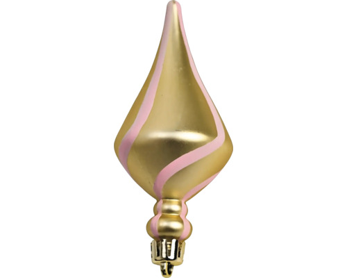 Christbaumschmuck in Tropfenform mit Spiralmuster in Gold und Rosa.